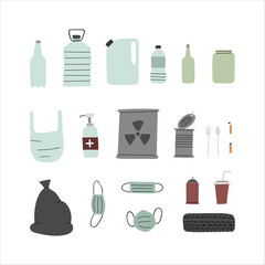 Hand drawn color vector illustration set with household trash, waste, rubbish. Plastic and glass bottle, metal tin can, car rubber tire, package bag isolated on white. Environment ecology pollution