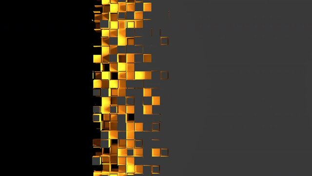 Yellow square cells form the gray shutter that goes to the right and hide the black screen. Nanotech abstract 3D animation, transition intro with alpha channel as matte mask and chroma key color id.