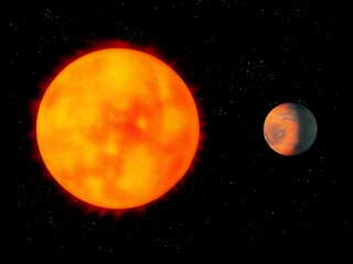 Yellow star with a planet. terrestrial planet orbiting a sun-like star. Space landscape 3d illustration.