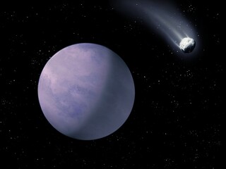 Ice planet with a solid surface on a black background with a comet and stars 3d illustration. 