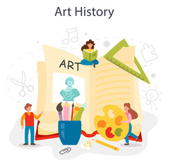 History of art school education. Student studying art history. Teacher tell