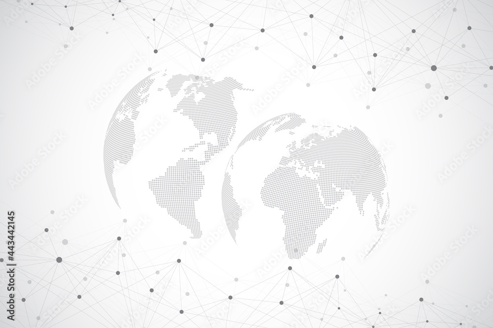 Poster World map point with global technology networking concept. Digital data visualization. Lines plexus. Big Data background communication. Scientific illustration.