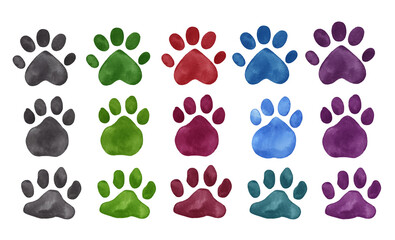 Watercolor Colored hand drawn illustration with animal paw footprints © nanyasem