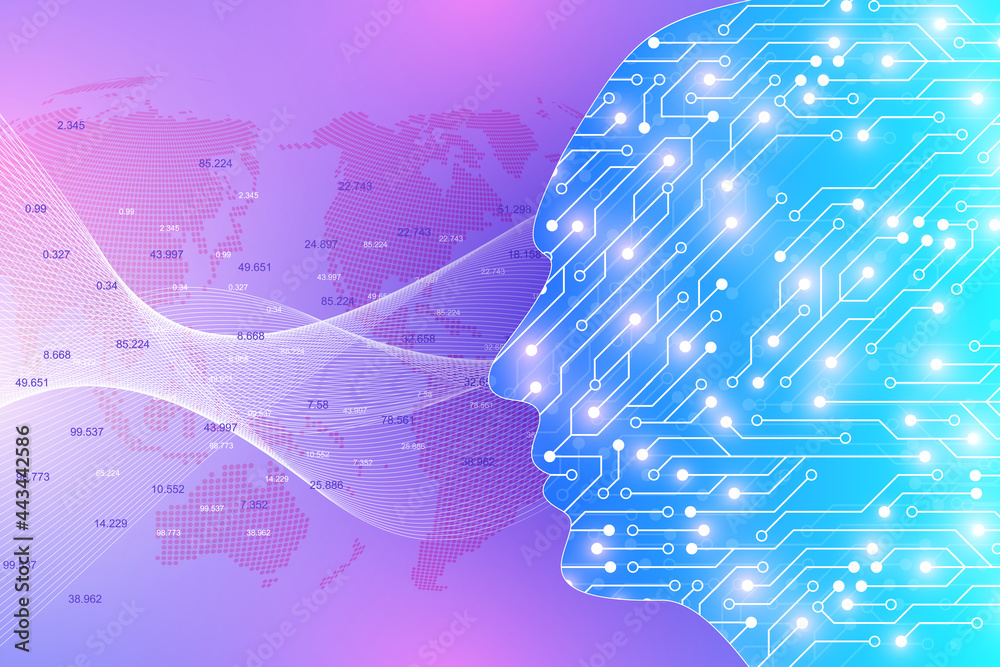 Poster Futuristic Artificial Intelligence and Machine Learning Concept. Human Big Data Visualization. Wave Flow Communication, Scientific illustration.