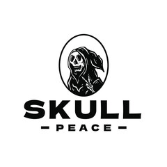 Cool Grim Reaper Skull Bone With Peace Hand Logo Vector Illustration Template Icon Design