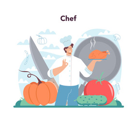 Chef concept. Culinary specialist in apron making tasty dish.