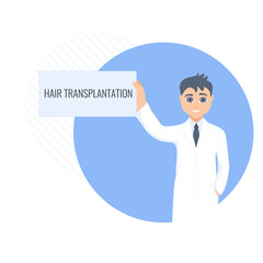 Alopecia concept. Male doctor holding hair transplantation board in his hand. Hair loss medical treatment design template. Vector flat illustration.