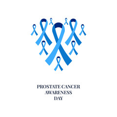 Prostate cancer poster with a heart made of ribbons on white background. Sky blue bows for support and solidarity concept. Blue September health awareness month. Medical concept. Vector illustration.
