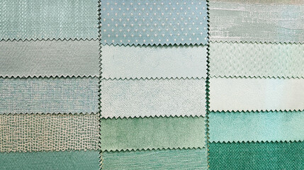 close up catalog of interior luxury fabric sample chart showing multi texture ,pattern and color tone. interior drapery and curtain samples in green, blue, cyan, grey color palette.