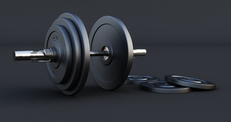 Obraz na płótnie Canvas 3d render of Stylish Iron Barbell, dumbbell isolated on black background. High resolution, Gym equipment,