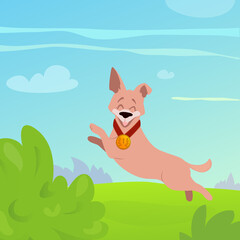 Happy jumping dog with gold medal on a sunny day in the park. Cute running puppy on the grass. Friendly terrier on summer landscape background. Winning concept. Cartoon vector illustration.