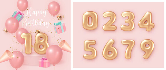 Elegant girlsih pink ballon Happy Birthday celebration present gift box party popper and set of golden numer text - obrazy, fototapety, plakaty
