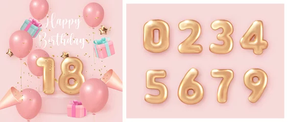 Fotobehang Elegant girlsih pink ballon Happy Birthday celebration present gift box party popper and set of golden numer text © Phoebe Yu