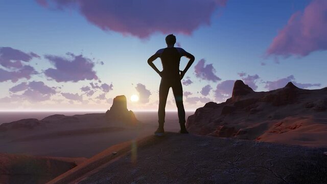 Image of a man in the mountains against the background of dawn 3D illustration