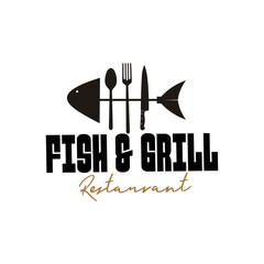restaurant logo with bony fish icon. suitable for the identity of a grilled fish restaurant