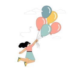 Woman flies on balloons. Flight to the dream. Vector illustration isolated on white background.