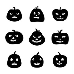 Set of silhouettes of scary pumpkin characters for Halloween. Black and white vector illustration. White isolated background.