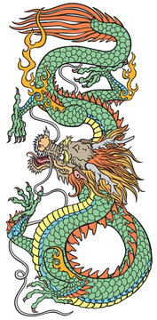 East Asia dragon. Traditional Chinese or Japanese mythological creature. Tattoo style vector illustration