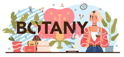Botany typographic header. Scientist exploring nature and plants.