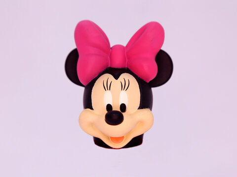Minnie Mouse. Toy. Cartoon characters from Walt Disney Pictures Studios. Minnie is Mickey Mouse's girlfriend. Soft toy for children. Minnie Mouse head.