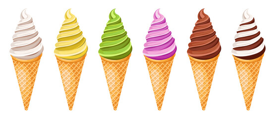 Ice cream collection.Sweet summer frozen dessert vector illustration. Set of different colorful scoops and waffle cone. Gelato in various flavors.Seasonal healthy food for takeout