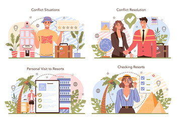 Tour agent concept set. Vacation organization agency. Specialist checking