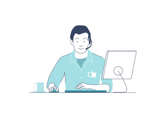 Fototapeta na wymiar Office helpdesk or call center concept. Man wearing a monoaural headset working at the computer. Limited colour flat vector illustration.