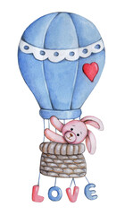 Cute cartoon baby bunny, rabbit, hare on balloon. Hand drawn watercolor illustration of cute animak for children. Isolated.