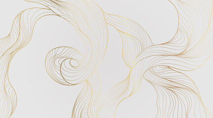 Wave of many glittering gold lines. Abstract metal golden gradient wavy stripes line art on white luxury background . Vector illustration - obrazy, fototapety, plakaty