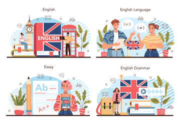 Obraz premium English class concept set. Study foreign languages in school or university