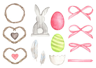 Watercolor Easter set Grey Rabbit, eggs, feathers, wreath with pink bow