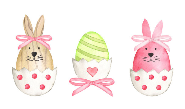 Watercolor Easter Funny Rabbits, Shell egg with pink bow