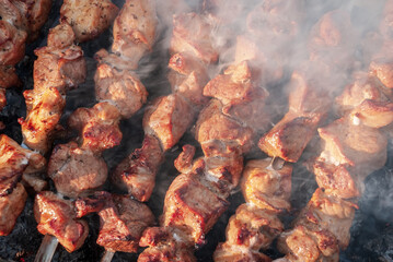 Kebabs on shampoos roast on a mangal with a smoke.