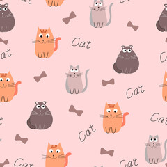 Pattern with cats. Kittens red gray pink. Pastel color shapes.Creative baby pink texture. Abstract illustration, On the background of the inscription cat bows.Great for fabric, textile vector illustra