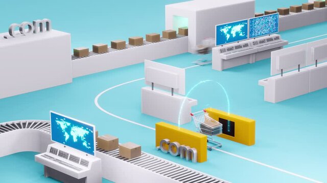 荷物を乗せて走るショッピングカートの3Dモーショングラフィックス / ループ再生可能 / オンラインショッピング・電子決済・スピード出荷のコンセプトイメージ