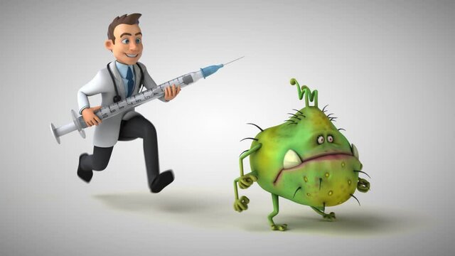 3D Animation of a fun doctor chasing a virus with a vaccine