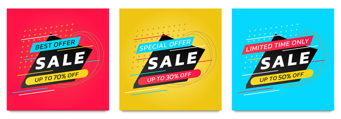 Sale banner or poster set. Modern discount card design template for promotion and social media advertising. Special offer, price off layout with abstract geometric shapes. Vector illustration.