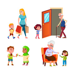 Kids Good Manners Different Situations Set Vector. Son Help Mother And Share Ice Cream With Friend, Girl Open Door For Grandfather And Give Water To Grandmother. Characters Flat Cartoon Illustrations