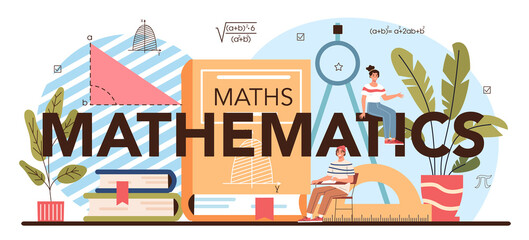 Mathematics typographic header. Students studying math at school - obrazy, fototapety, plakaty