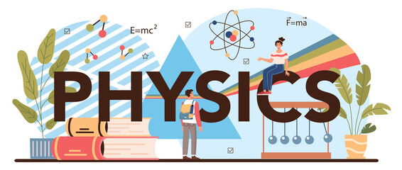 Physics school subject typographic header. Students explore electricity