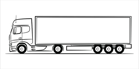 Semi trailer truck abstract silhouette on white background.  A hand drawn line art of a trailer truck car. Vector illustration view from side.