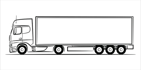 Semi trailer truck abstract silhouette on white background.  A hand drawn line art of a trailer truck car. Vector illustration view from side. © Art_freeman