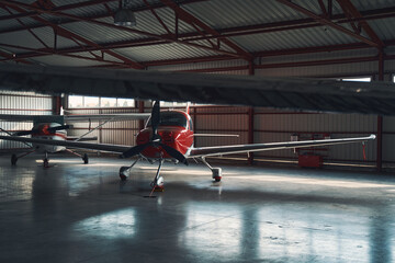 Two small red and white aircrafts in airport hangar - obrazy, fototapety, plakaty