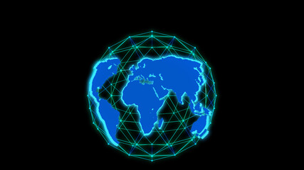 Big data 3d Earth. World map surrounding globe rotating. Plexus News logo
