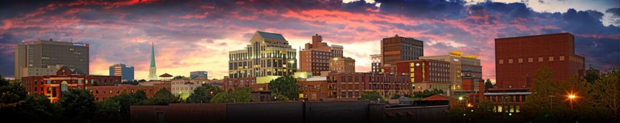 Panoramic view of downtown Greenville, SC at sunset