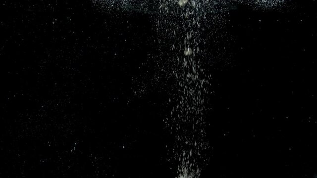Numerous small air bubbles in water rising up to the surface on isolated black background. Air bubbles floating under transparent water bubbles in aquarium