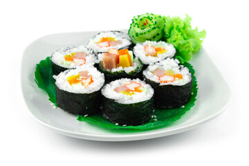 Gimbap also spelled Kimbap ingredients such as vegetables, Spam Ham that are rolled in gim dried...