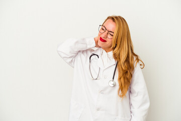 Caucasian doctor woman isolated on white background touching back of head, thinking and making a choice.