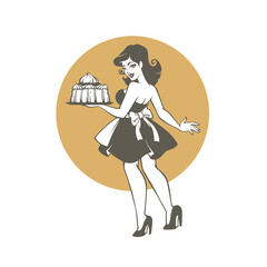 beauty retro pinup cartoon girl holding a delicious tasty cake, for your logo, label, emblem - 443450133