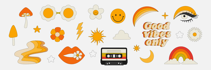 Clipart of the 70s. Hippie style. Vector illustrations in simple linear style. Rainbows, flowers, abstractions, mushrooms, psychedelic style. - obrazy, fototapety, plakaty